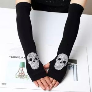Sugar Skull Crystal Long Fingerless Gloves